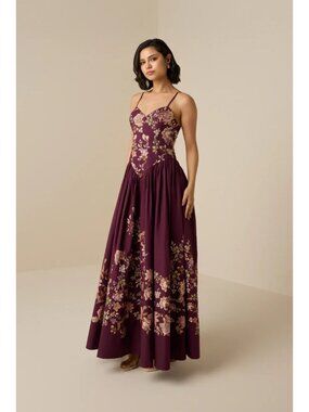 Hemant And Nandita Savi Maxi Dress Burgundy Floral Womens Size Small